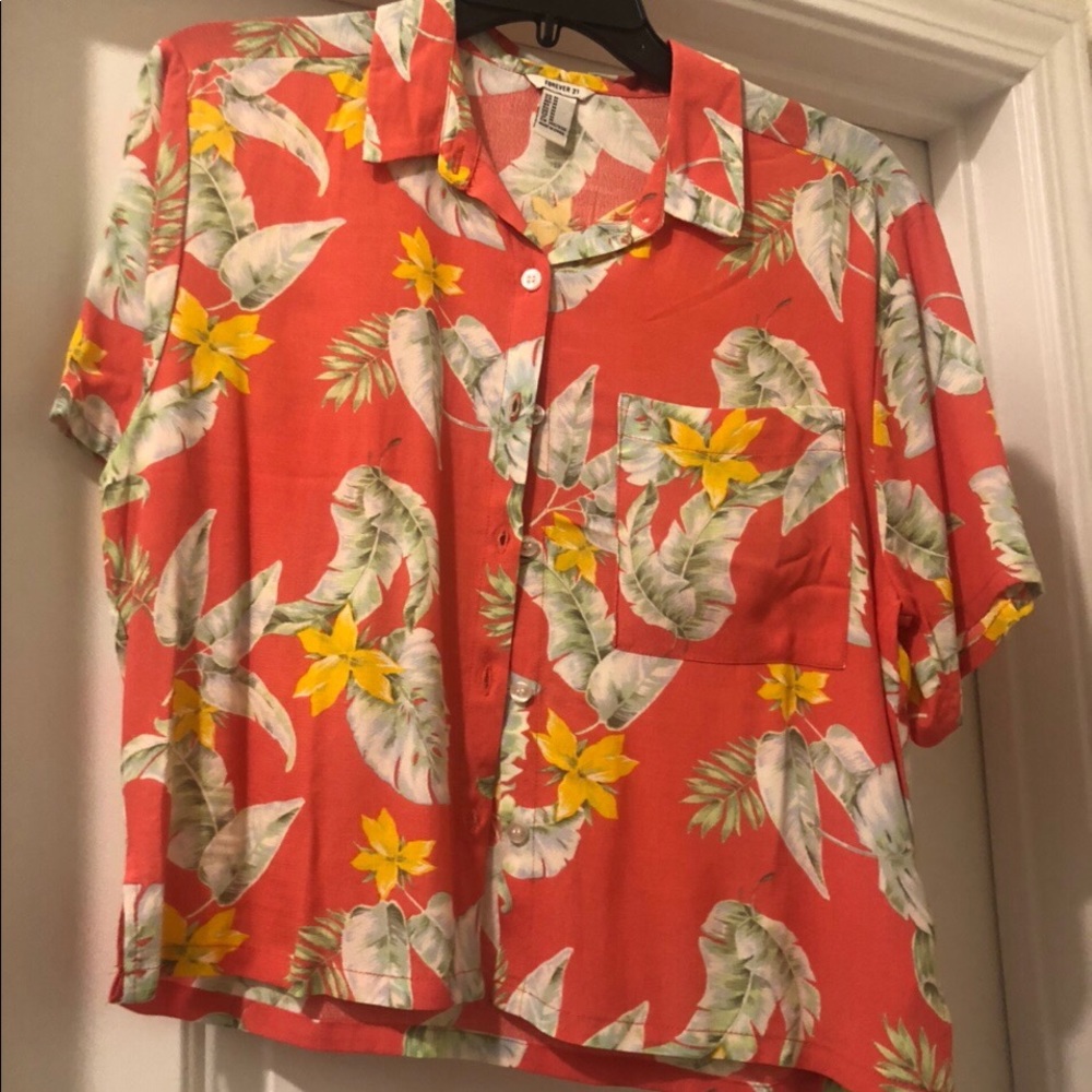 Pink cropped button up with yellow flowers
